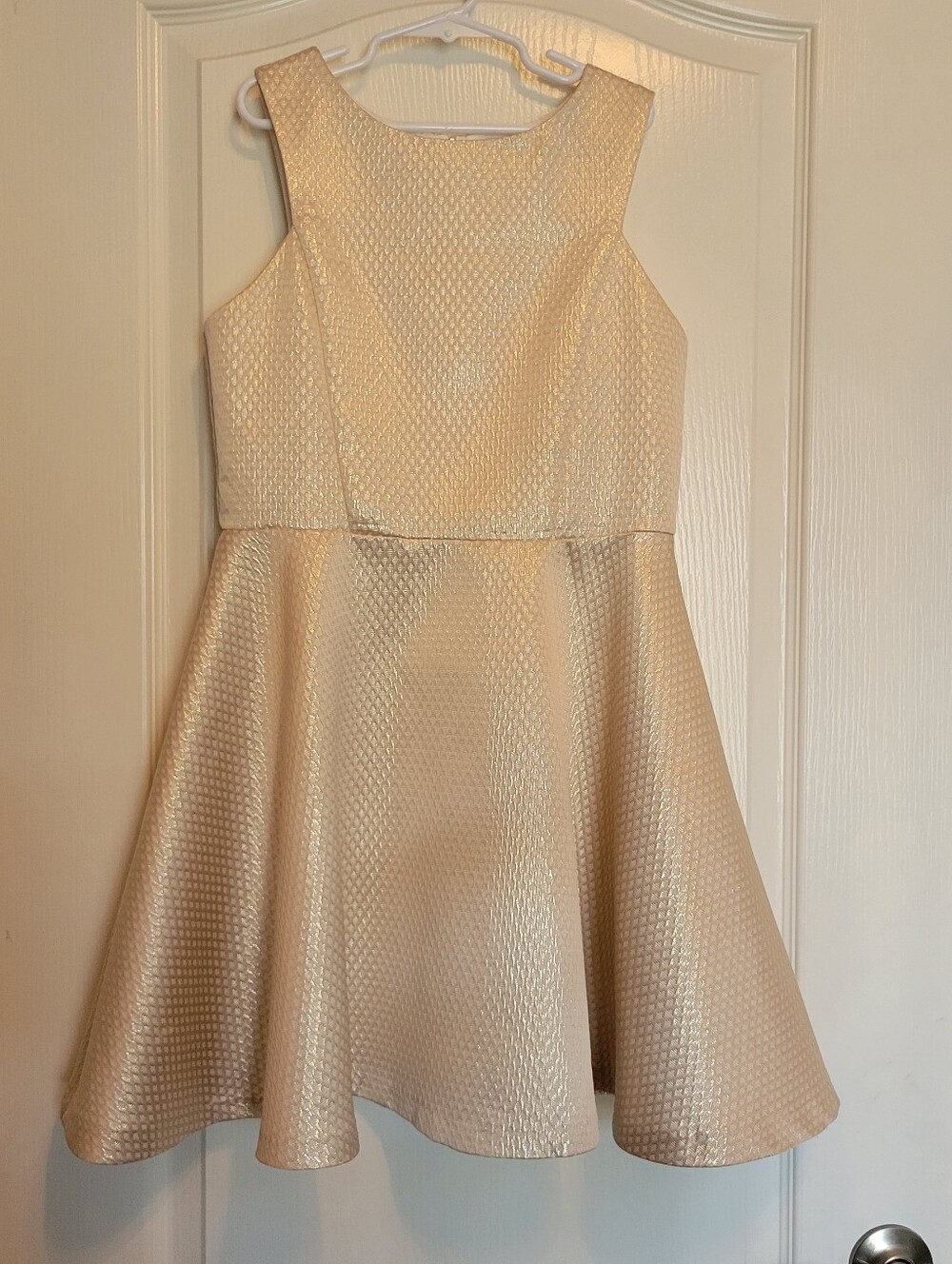 Calvin Klein Sleeveless Cream/Gold Metallic Textured Fit-and-Flare Dress Girls12
